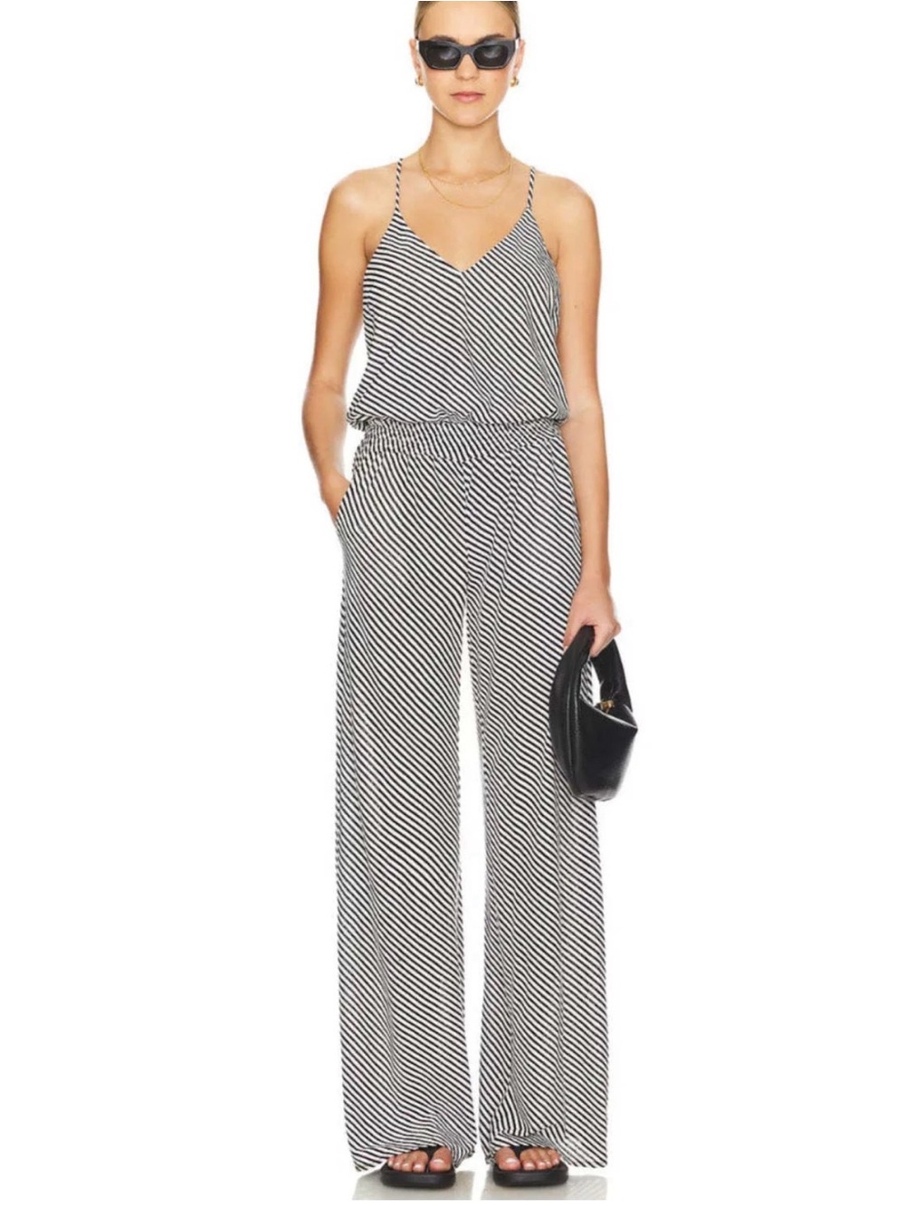 Amanda Uprichard Auggie Striped Wide Leg Jumpsuit Black White